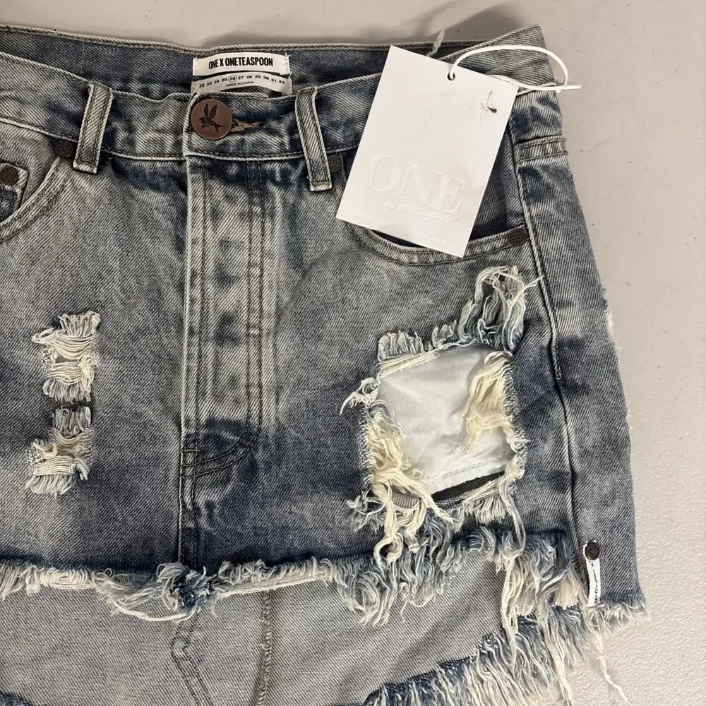 NEW NWT One Teaspoon Free People Sz 26/2 Mini Skirt Blue Distressed Junk Yard